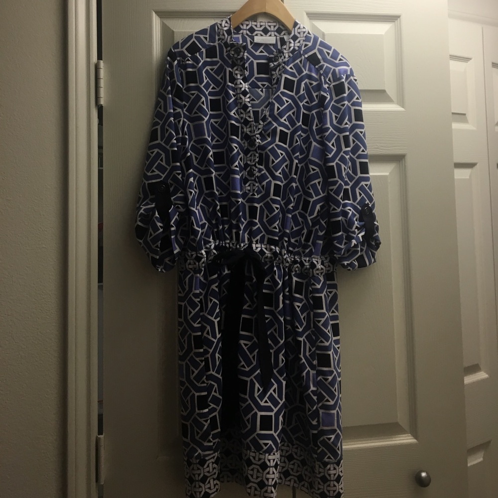 Blue and White V-neck Dress