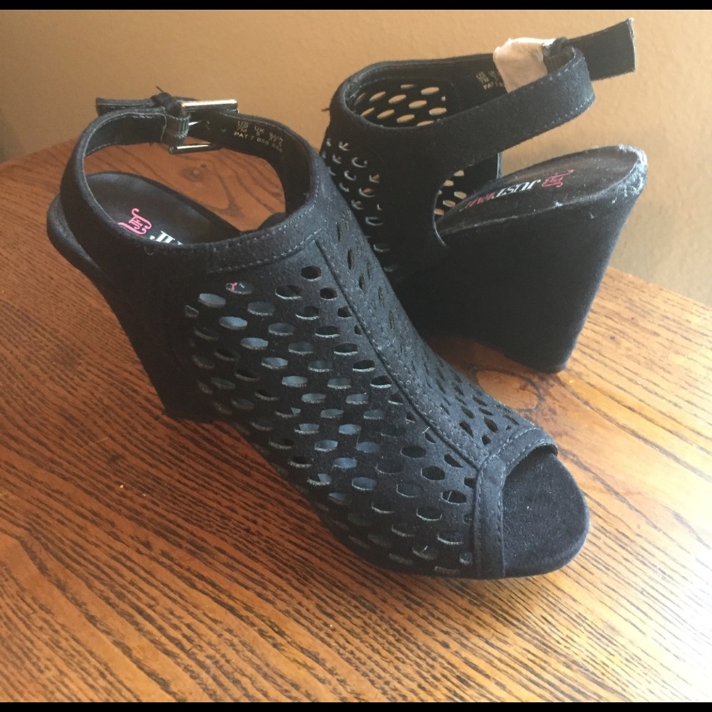 JustFab black open toed wedge booties. Never worn.