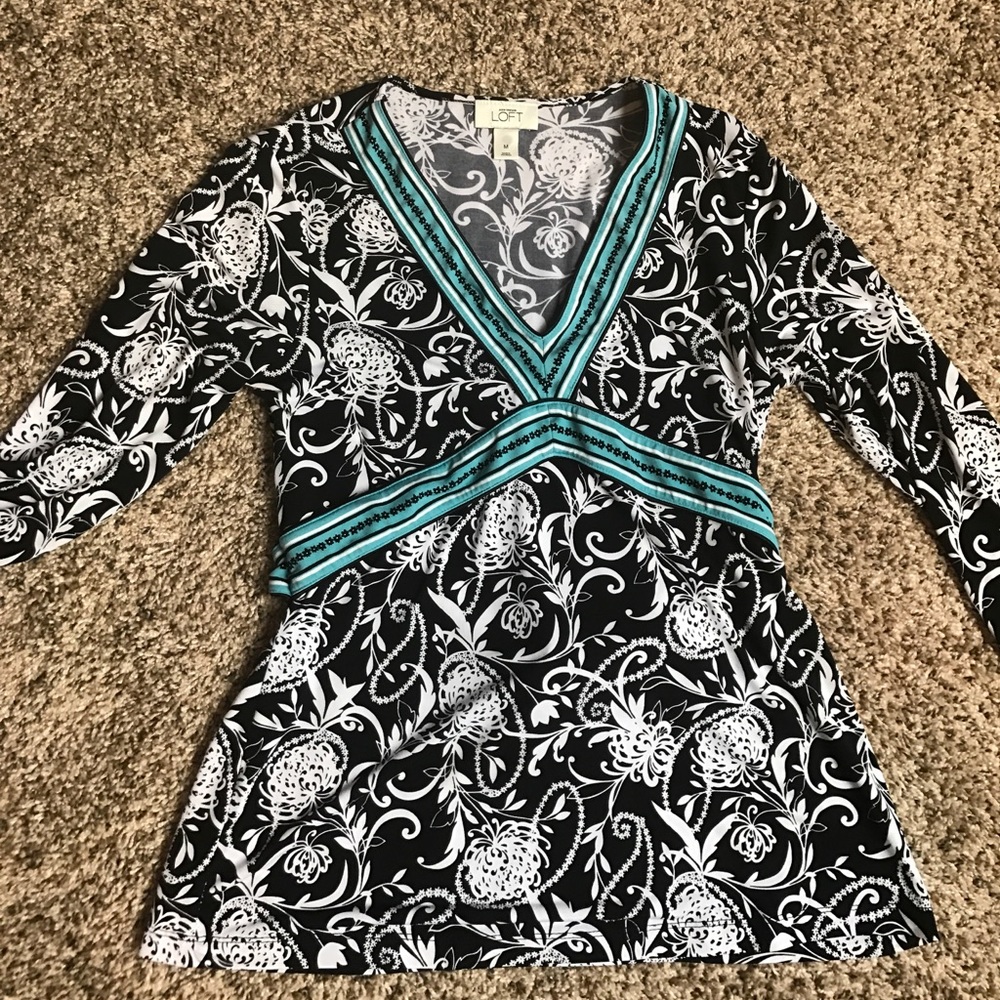 LOFT Black, white and turquoise 3/4 Length blouse