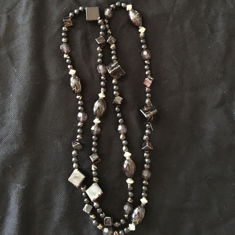 Black Beaded Necklace with Gold tone Accents