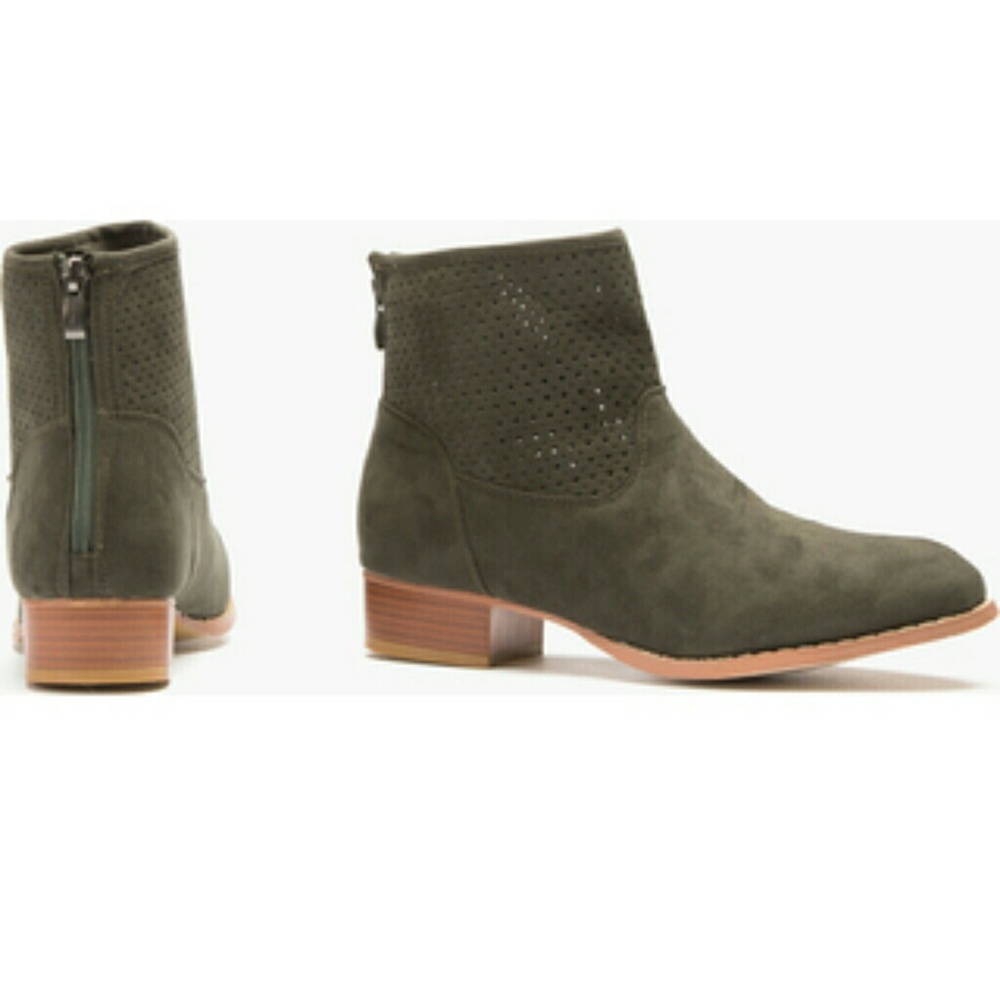 Dot Laser-Cut Booties - Olive Green Size 8