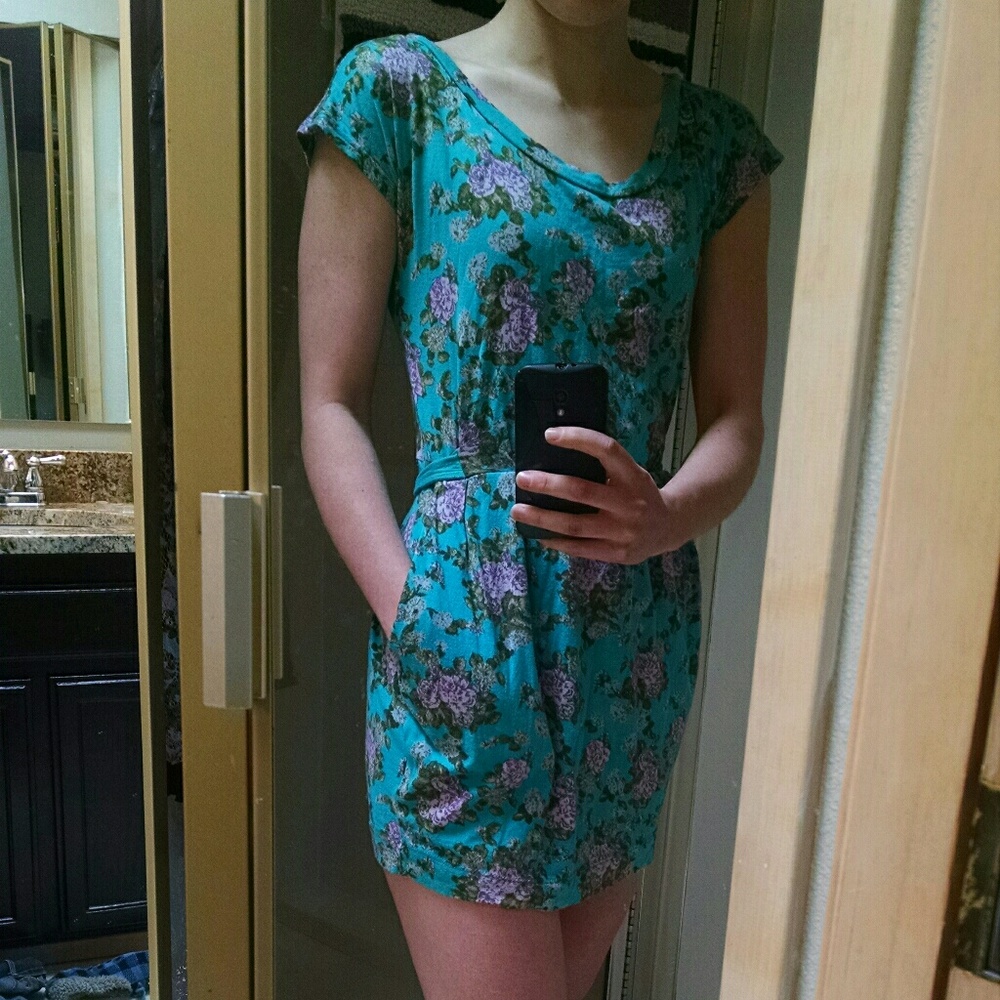 Teal floral kimchi blue mini dress with pockets