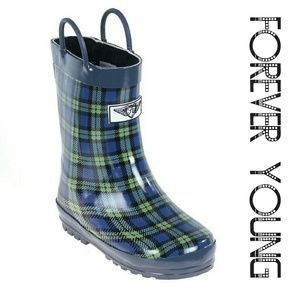 Kids Faux Fur Lined Rain Boots, K-1557 Blue Plaid