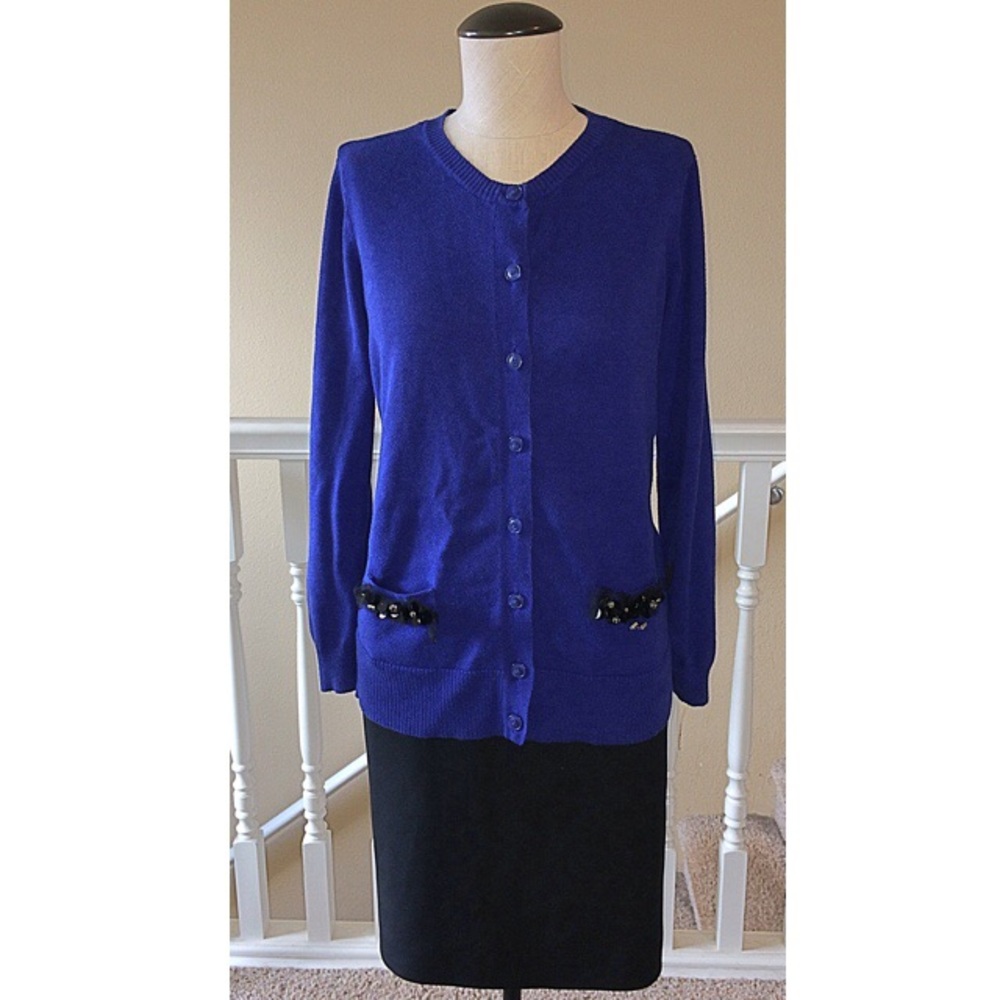 Simply Vera Cobalt Blue Cardigan w/ Black Trim - L