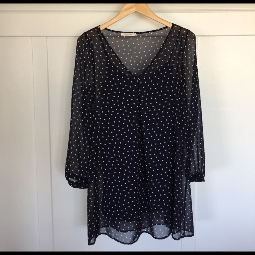 Navy polka dot sheer dress with slip
