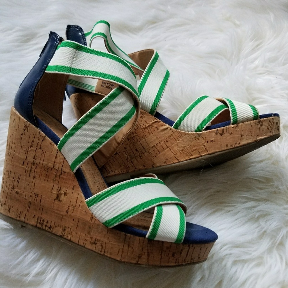 Blue & Green Criss-Cross Wedge Sandals