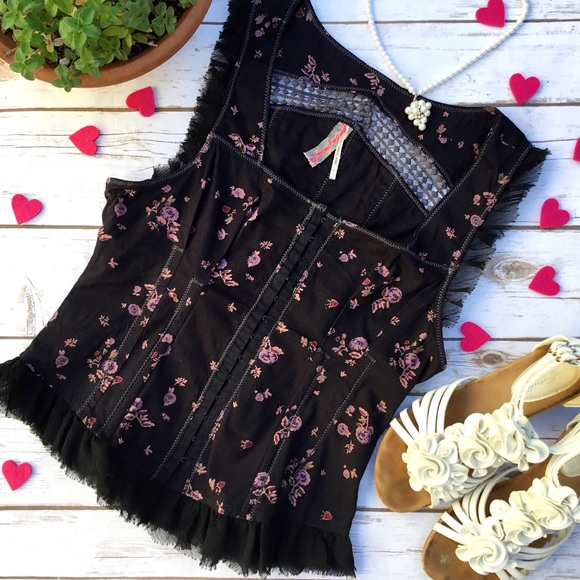 Free People Tops - Black Free People Corset Style Tank w/ Pink Roses