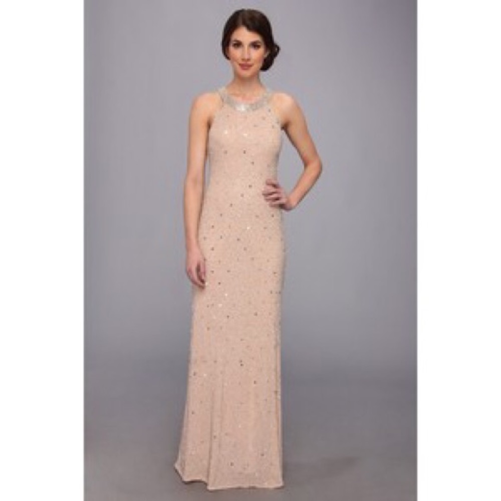 Adrianna Papell Caviar Sheer back beaded gown