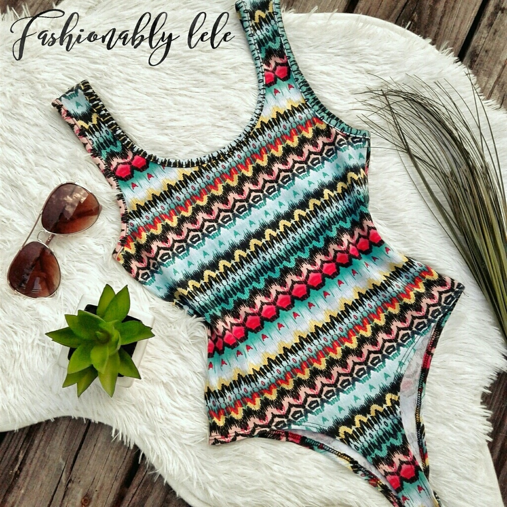Tribal multi colored tank thong bodysuit