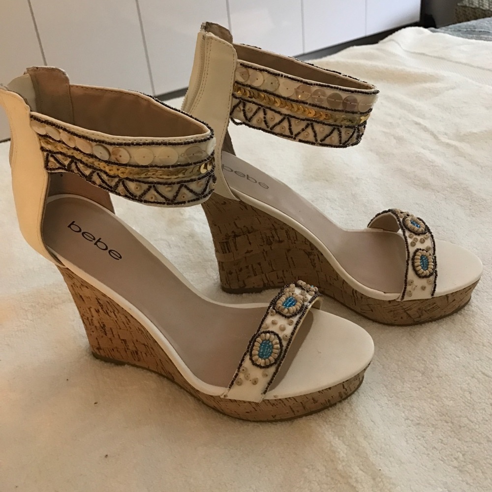 Brand new!! Bebe white with blue details wedges!
