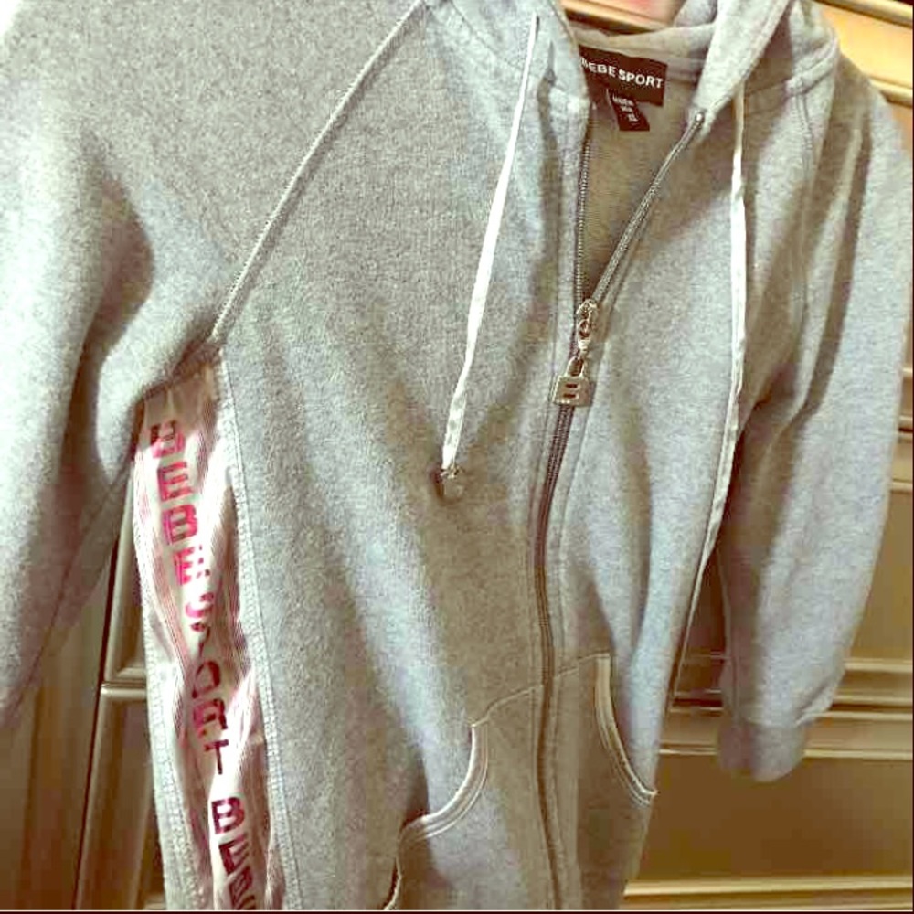 Bebe 3/4 Sleeve Zip Up, Pink Silk Metallic graphic