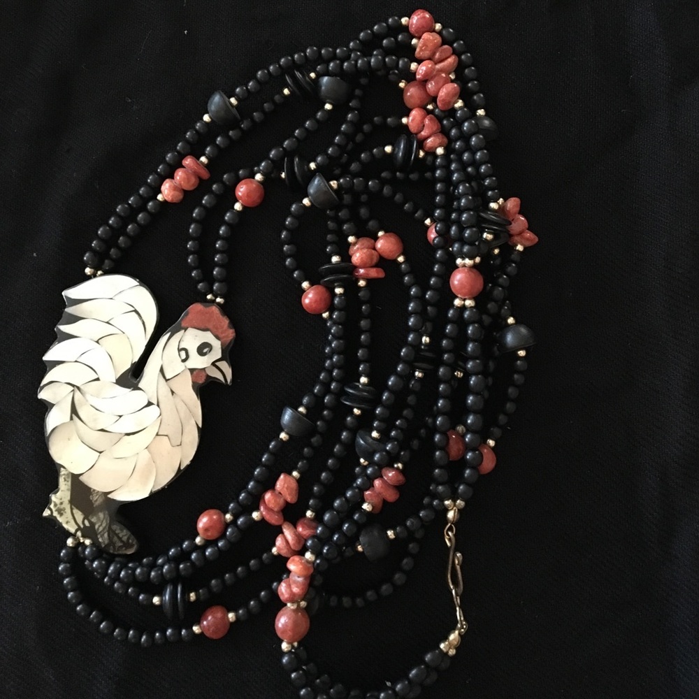 Black & Coral Pink Beaded Necklace w Chicken Decor