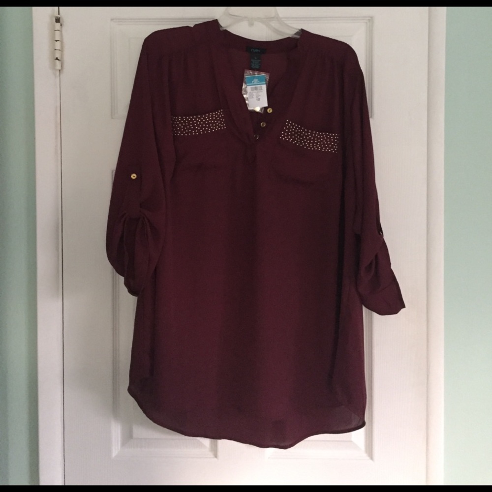 Brand new burgundy blouse with gold accents!