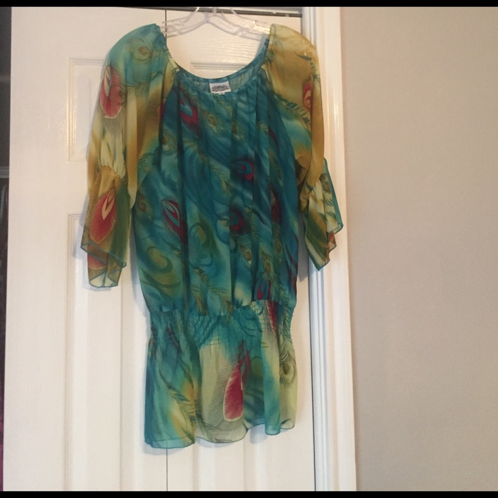 Cowgirl Justice peacock print sheer blouse