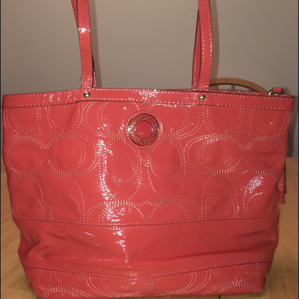 Coach Signature patent leather coral tote purse