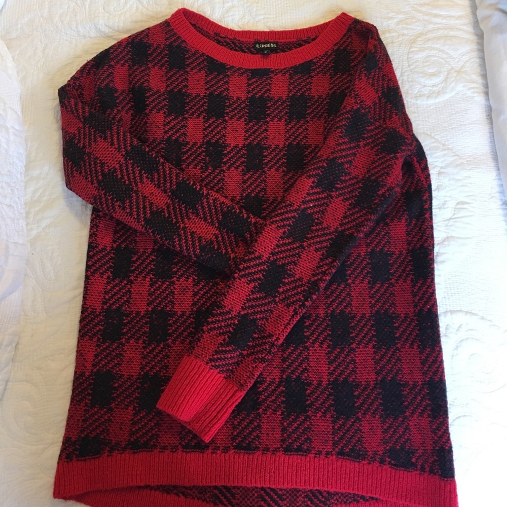 Red and black checkered sweater.