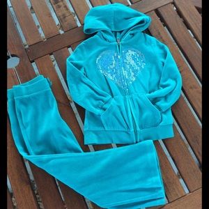 Teal track suit with iridescent sequin heart