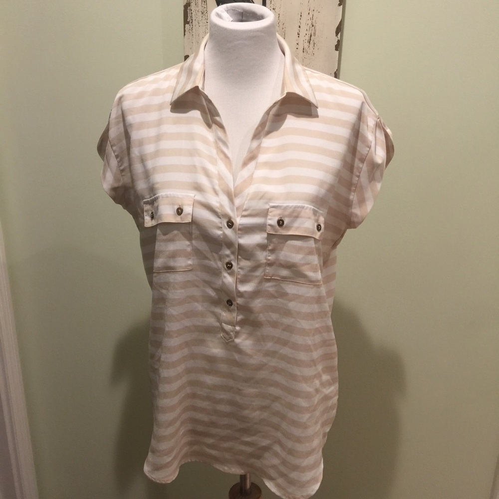 New York & Co Beige White Striped a Blouse Large