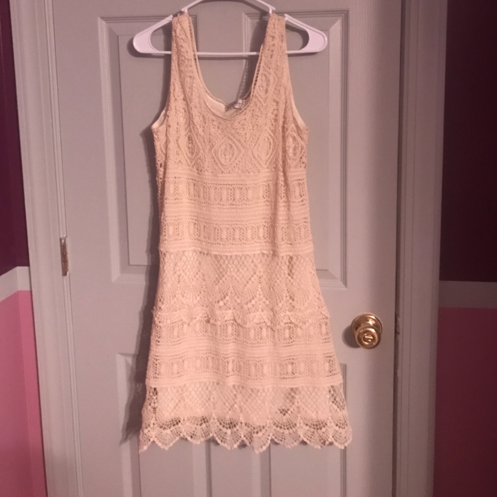 Cream lace dress.