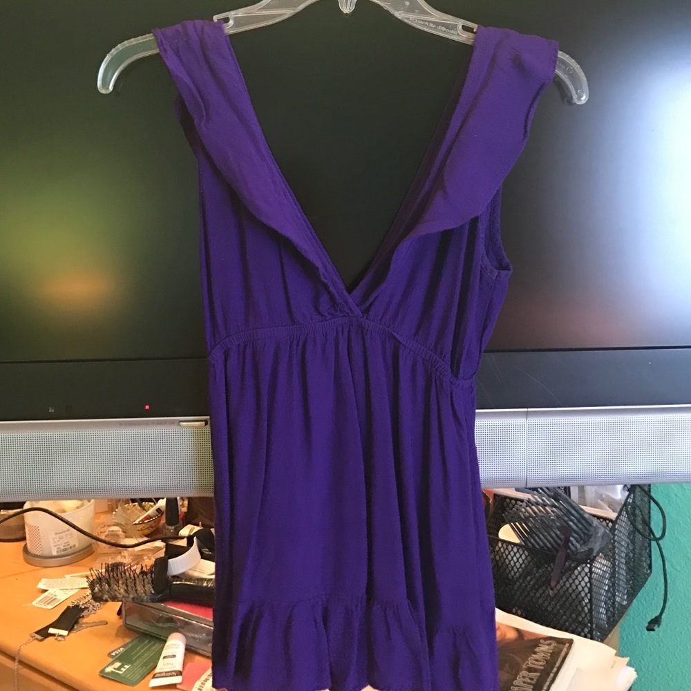 Purple deep V ruffle trim blouse