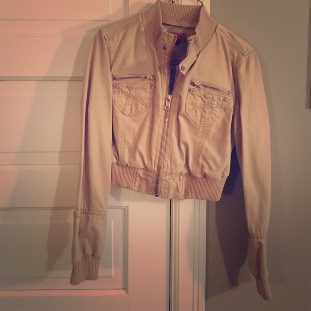 No Boundaries Tan Cropped Bomber Jacket