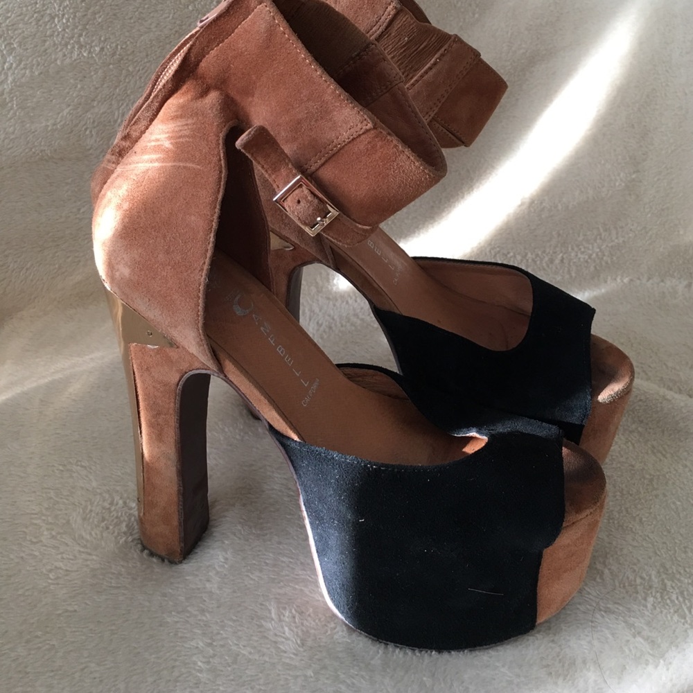 Jeffrey Campbell Suede Black Tan & Gold platforms
