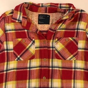 Red and yellow plaid button up shirt