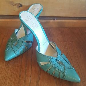 Teal green Jessica Simpson Sandals w/ rattan heels