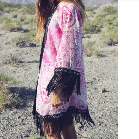 Pink & White Chiffon Kimono Coverup w/fringe - S - Picture 2 of 4