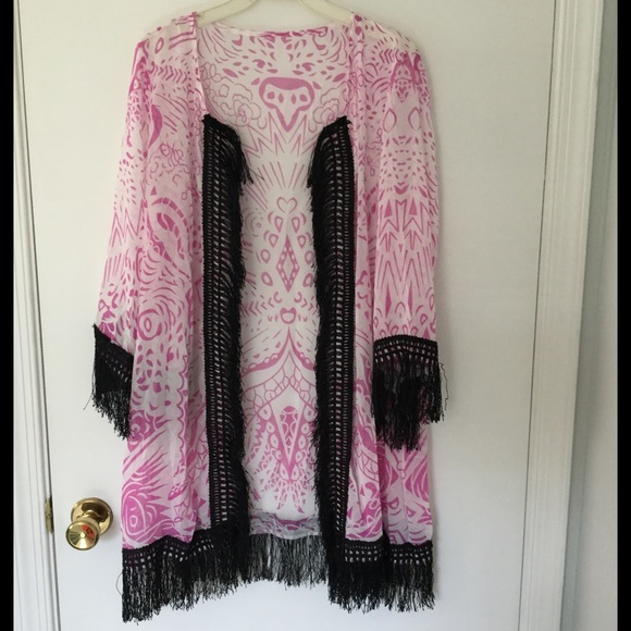 Pink & White Chiffon Kimono Coverup w/fringe - S - Picture 3 of 4