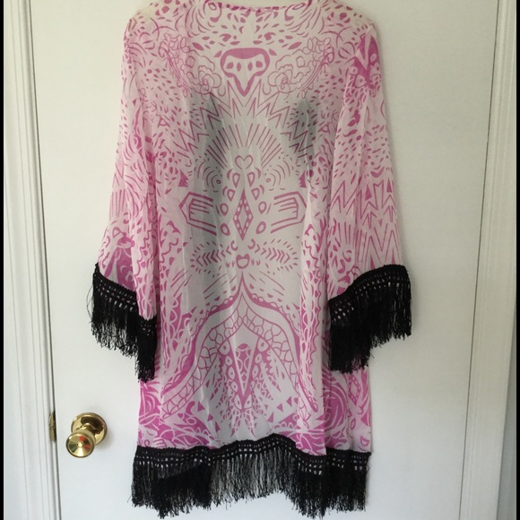 Pink & White Chiffon Kimono Coverup w/fringe - S - Picture 4 of 4