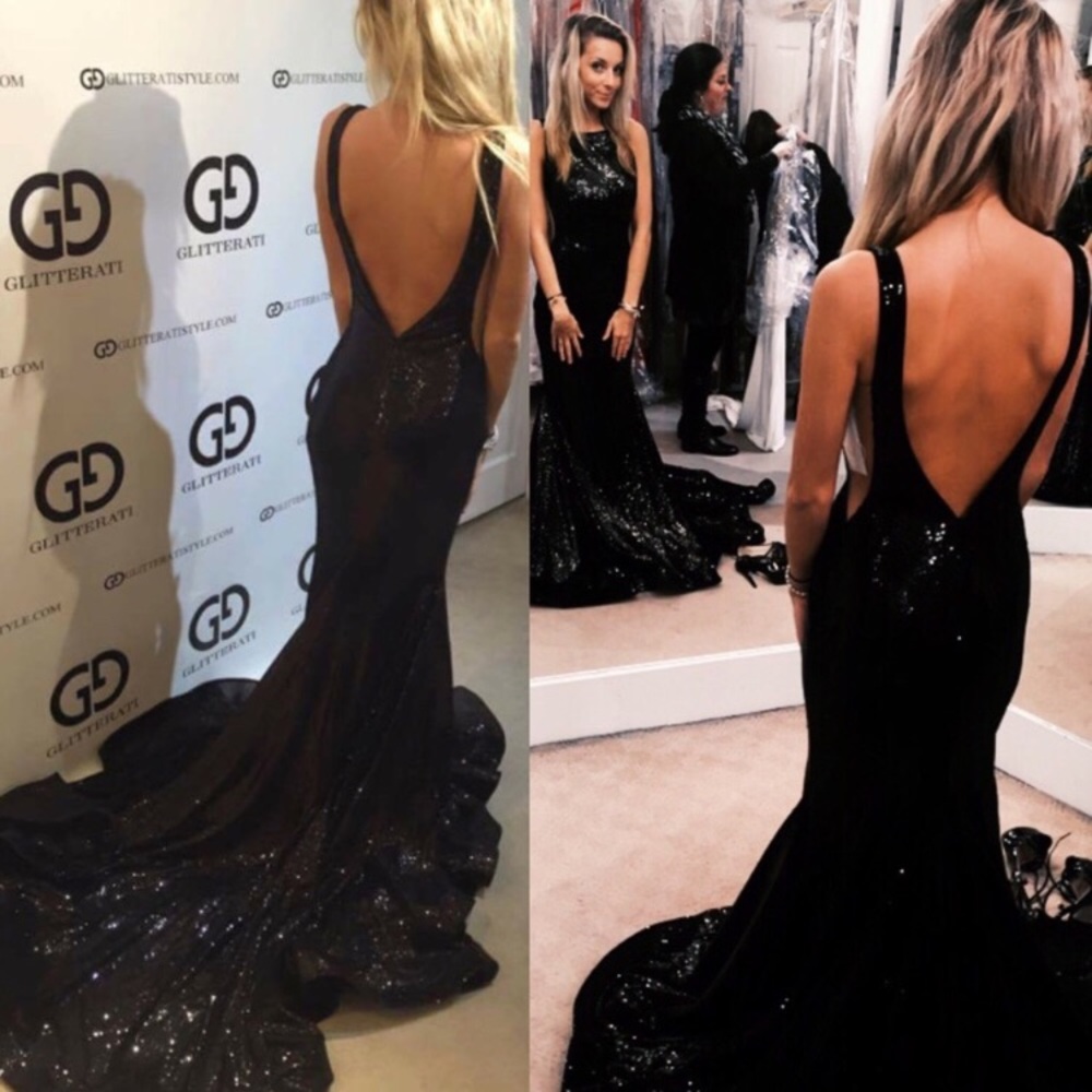 Black jovani open back prom dress