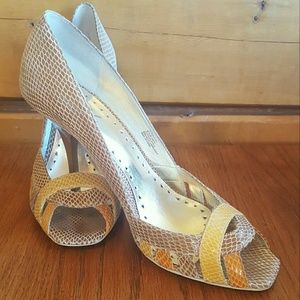 Tan snake print embossed leather BCBG Paris heels
