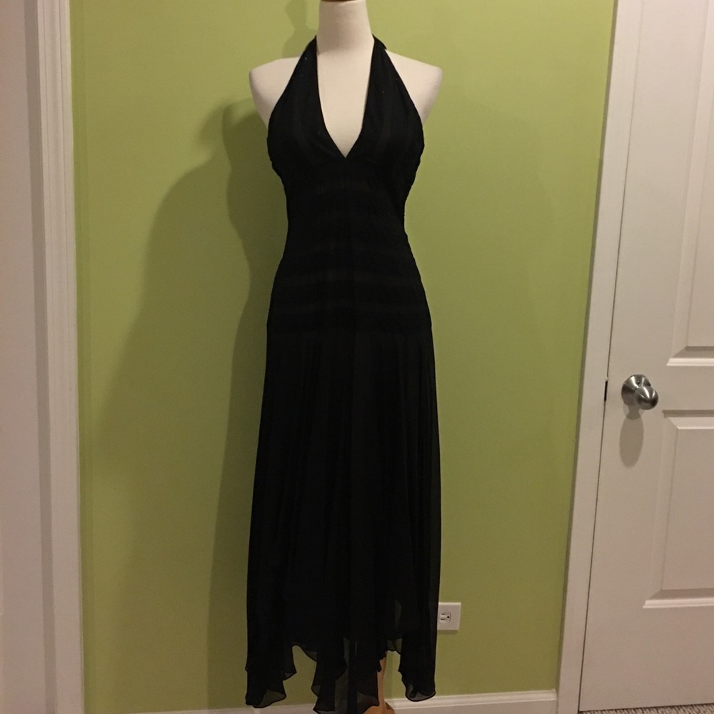 BCBGMaxazria black sequinned silk halter dress