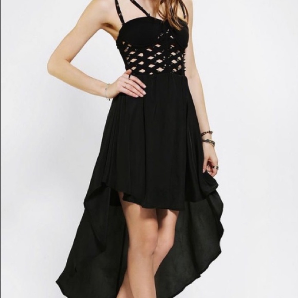 Reverse Crisscross Spiked High Low Black Dress