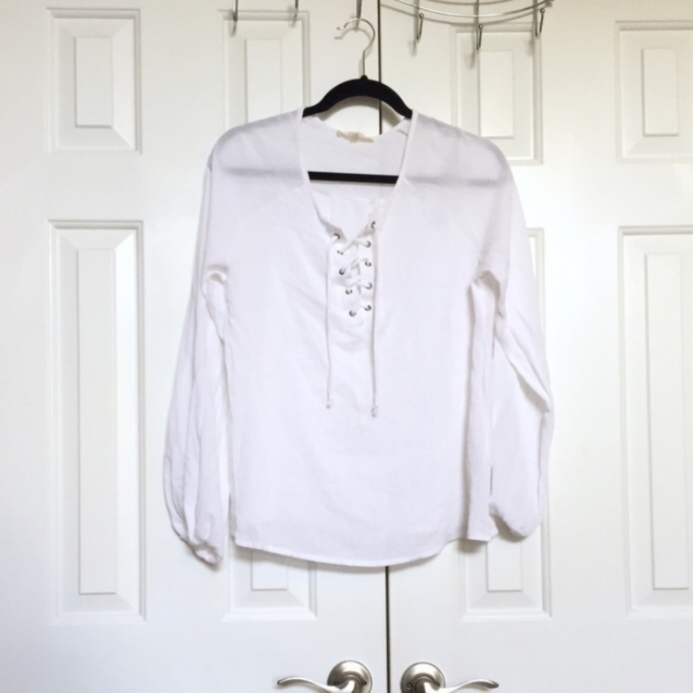 Long Sleeve White Lace Up Blouse