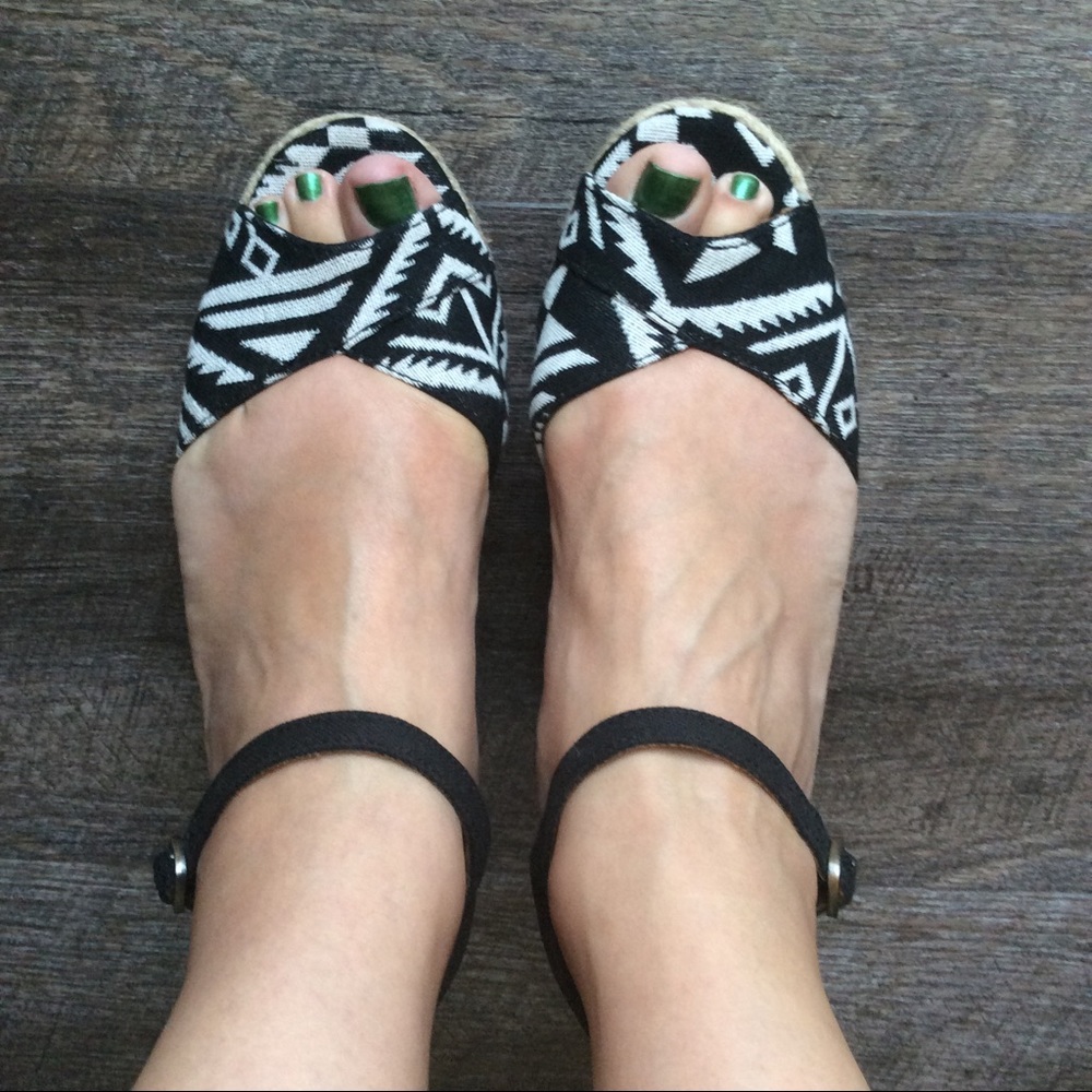 TOMS peep toe ankle wrap wedges