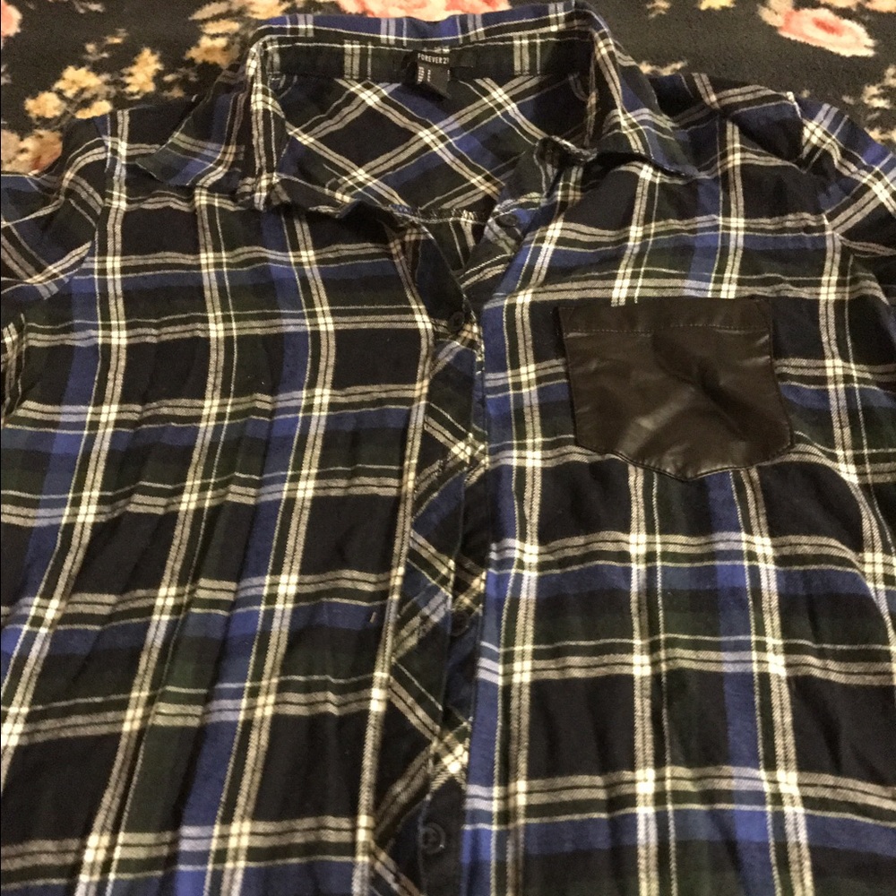 Flannel with pleather pocket and elbow patches