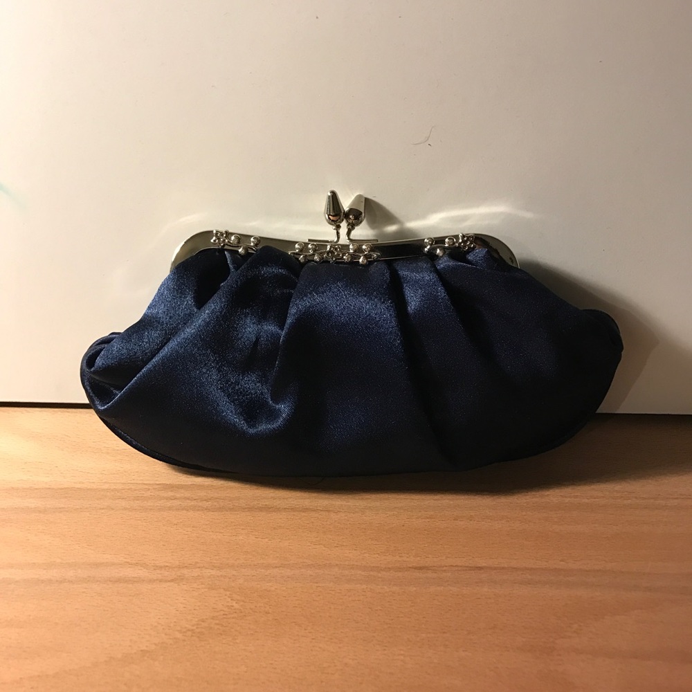 Blue satin clutch with crystals and chain