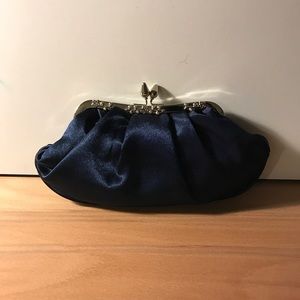 Blue satin clutch with crystals and chain