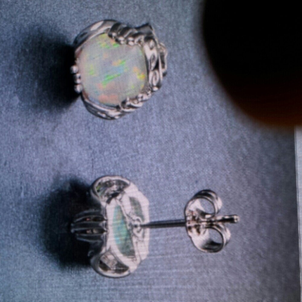 Fire white opal stud pierced earrings silver