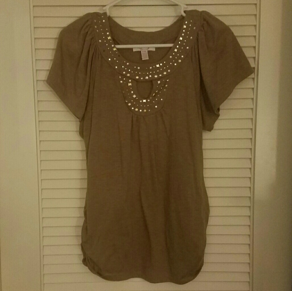 Zena Brown Studded Keyhole Flowy Top Petite XL