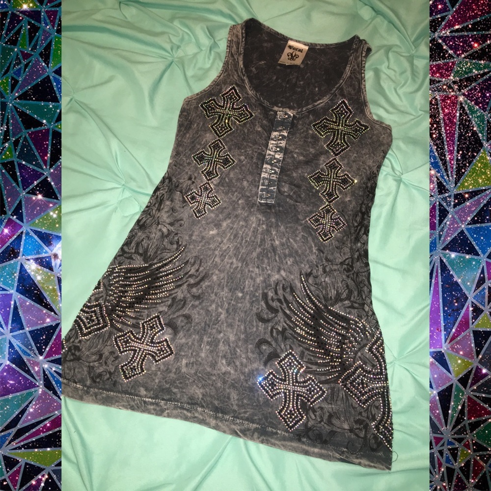 Vocal Cross Wings Rhinestone Tank acid wash Grey