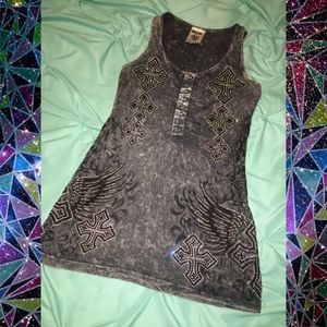 Vocal Cross Wings Rhinestone Tank acid wash Grey