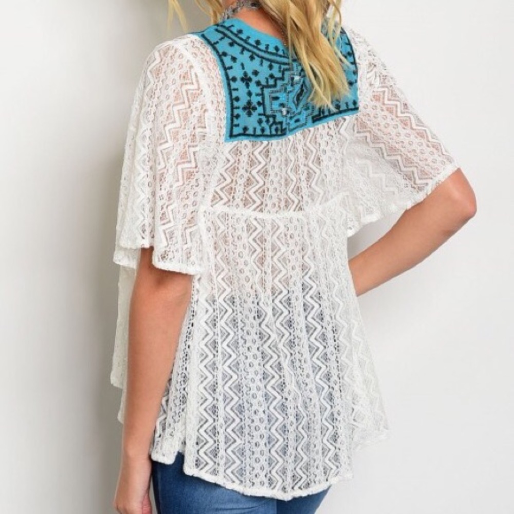 One Left! Ivory & Turquoise Crochet Top - Picture 2 of 2
