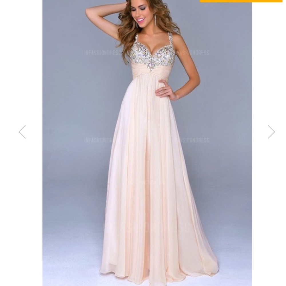 Champagne colored prom dress with jewels