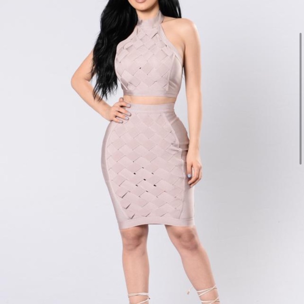 Dusty Rose Halter Bandage Midi Skirt 2 Piece Set