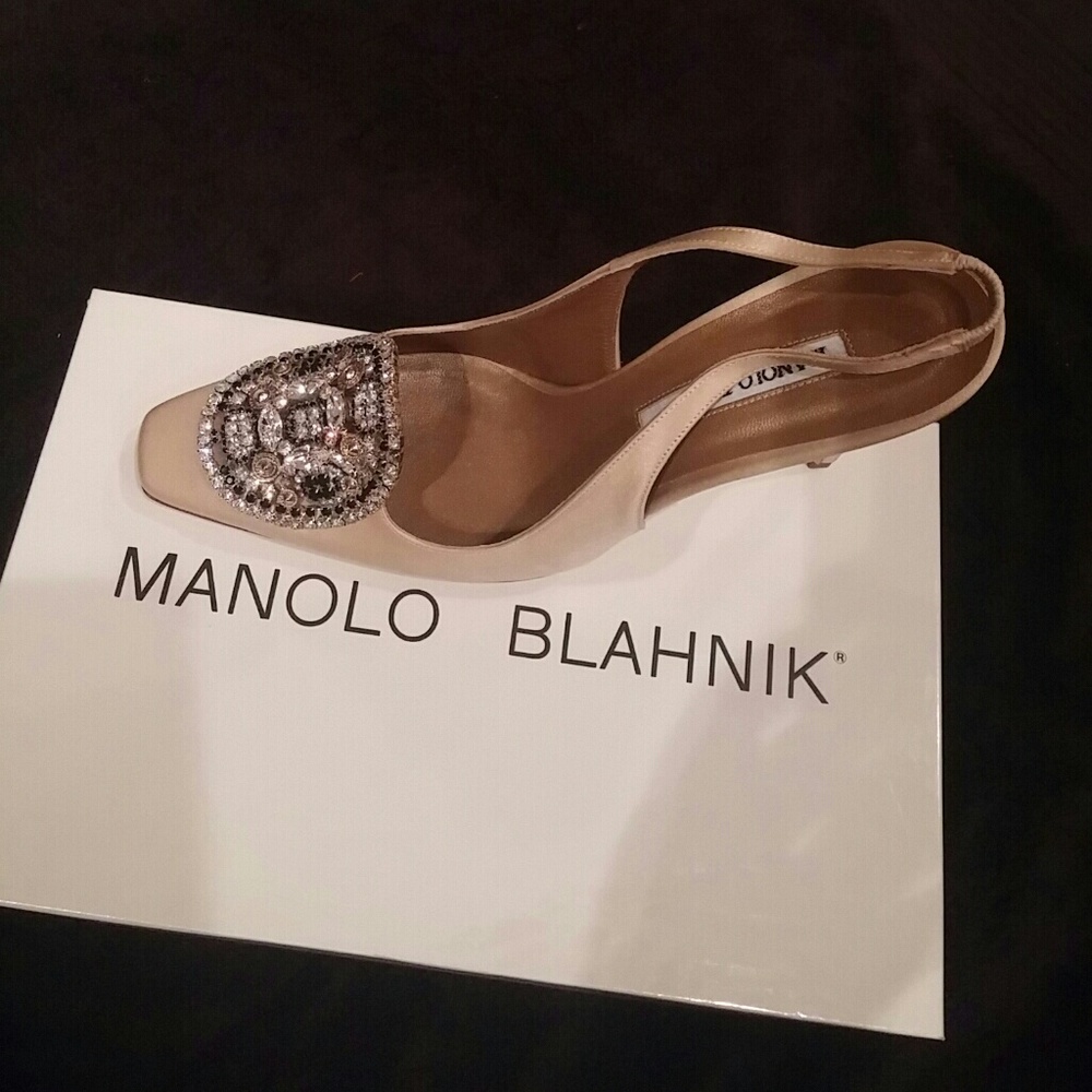 Manolo Blahnik satin cream blade heel