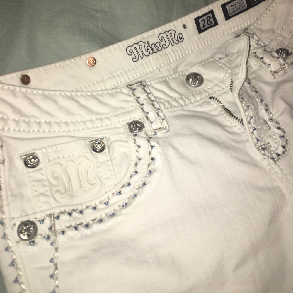 White Miss Me Capris with Light Blue Stitching 28
