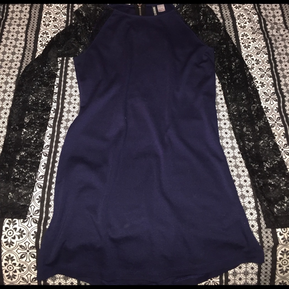 Navy dress with lace sleeves